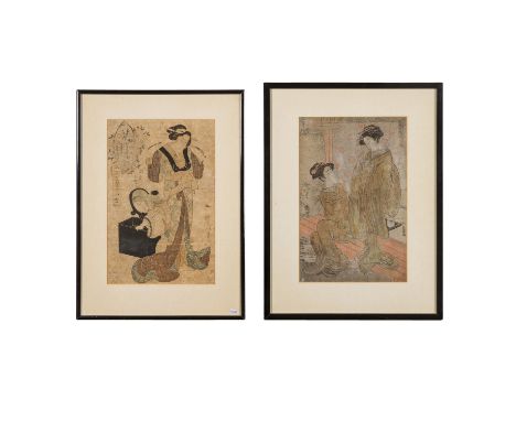 JAPAN 2 Farbholzschnitte, 18./19. Jh. ISODA KORYUSAI (1735-1790) '2 Kurtisanen', ca. 36,5x23,5 cm und ein weiterer Farbholzsc