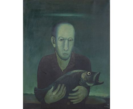 TISNIKAR, JOZE (1928-1998), "Mann mit Fisch", Halbportrait vor grüntonigem Hintergrund, u.re. datiert und signiert '86 TISNIK