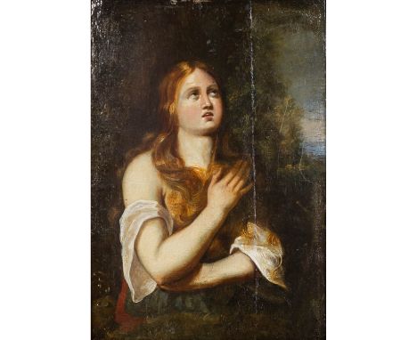 MALER/IN 17./18. Jh., "Büßende Maria Magdalena", im Halbportrait vor Landschaft stehend, Öl/Holz, HxB: 26x18 cm (48,5x40,5 cm