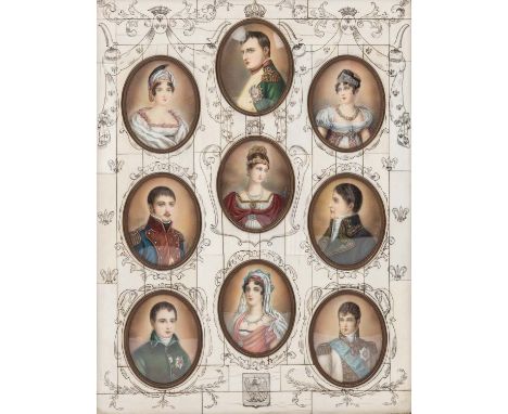PORTRÄTMINIATUREN DER FAMILIE NAPOLEON BONAPARTE Frankreich, Ende 19.Jh., ovale Porträts von Napoleon Bonaparte, Caroline Mur