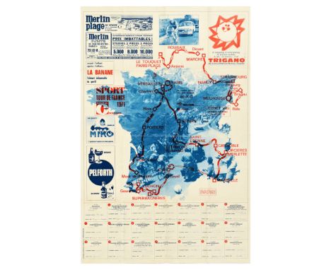 Original vintage sport poster featuring the map of Tour de France 1971, advertising for Merlin Plage, camping, caravanning wi