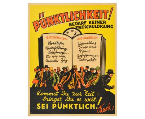 Original vintage German motivational workplace poster issued by Parker-Holladay company in Berlin. Doval was a German equival