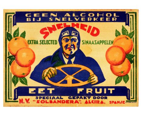 Original vintage Art Deco advertising crate label poster for Snelheid oranges by N.V. Solbandera, Alzira, Spain, featuring a 