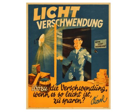 Original vintage German motivational workplace poster issued by Parker-Holladay company in Berlin. Doval was a German equival