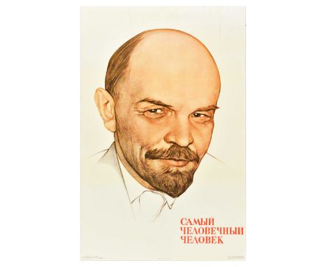 Original vintage Soviet propaganda poster - The most humane person - featuring a portrait of Vladimir Lenin (1870-1924), a Ru