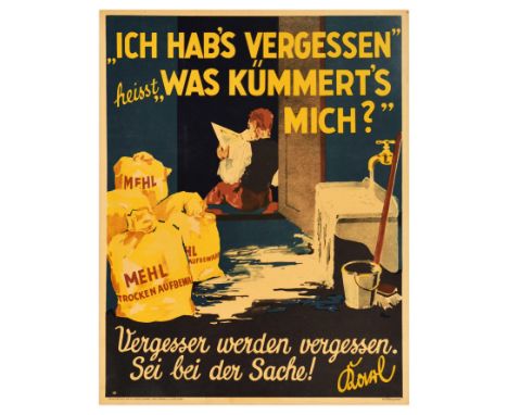 Original vintage German motivational workplace poster issued by Parker-Holladay company in Berlin. Doval was a German equival