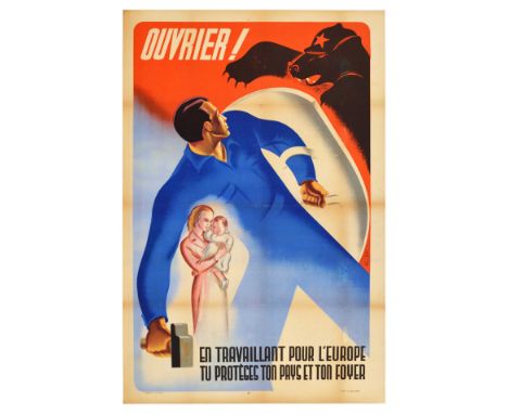 Original vintage Second World War anti-Soviet Bolshevik propaganda poster issued in the Nazi occupied France. The text reads: