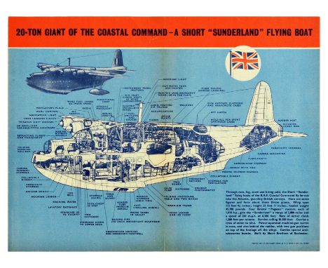 Rare original vintage World War Two poster for the Short Sunderland Flying Boat - 20-Ton giant of the coastal command.  Techn