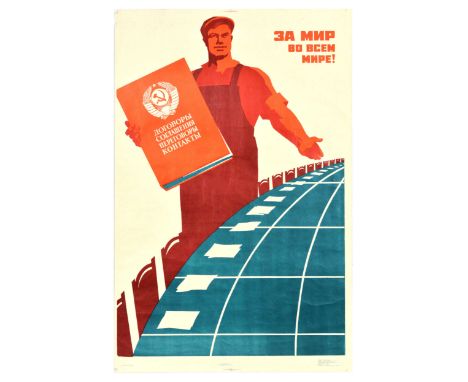 Original vintage Soviet propaganda Cold War era poster - For world peace! - featuring an illustration of a working class pers