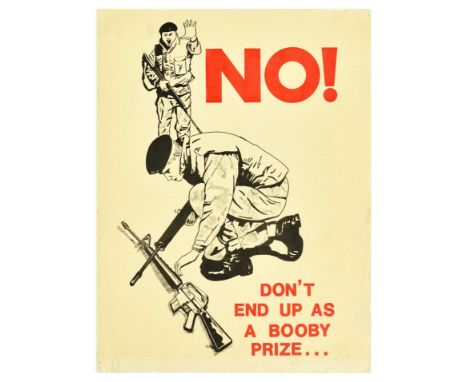 Original vintage public safety poster No! Don't end up as a booby prize... Design features a soldier shouting to stop his com