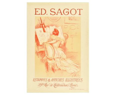 Original antique poster advertising printing services of the French printer Edmond Sagot (1857-1917). Elegant artwork by Paul