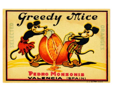 Original vintage advertising crate label poster for Greedy Mice Pedro Monsonis Selected Oranges Valencia Spain, featuring an 