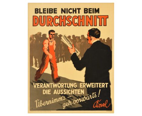 Original vintage German motivational workplace poster issued by Parker-Holladay company in Berlin. Doval was a German equival