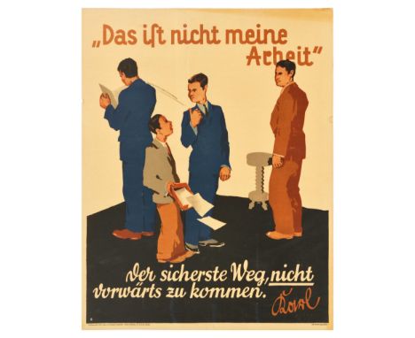 Original vintage German motivational workplace poster issued by Parker-Holladay company in Berlin. Doval was a German equival