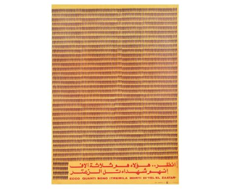 Original vintage propaganda poster with text in Arabic: Attention!...these are the three thousand martyrs of Tel Aza'atar.  D