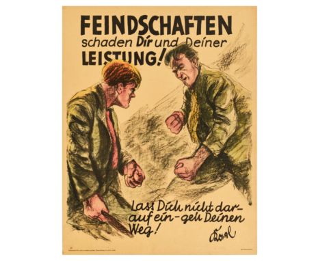 Original vintage German motivational workplace poster issued by Parker-Holladay company in Berlin. Doval was a German equival
