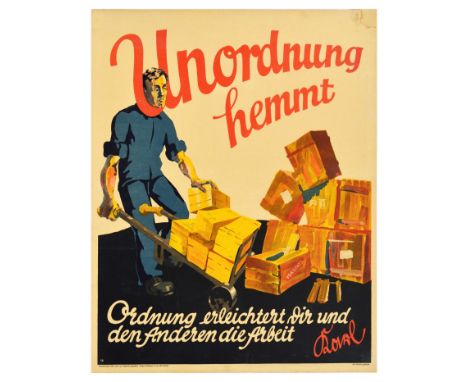 Original vintage German motivational workplace poster issued by Parker-Holladay company in Berlin. Doval was a German equival