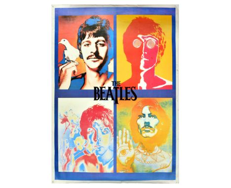 Original vintage advertising poster The Beatles, featuring a colourful and psychedelic photos of the bank by Richard Avedon. 