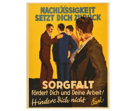 Original vintage German motivational workplace poster issued by Parker-Holladay company in Berlin. Doval was a German equival