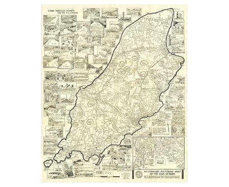 Original vintage motor racing poster H.G. Steward Large Scale Pictorial Map of the Isle of Man showing T.T. Course &amp; Vant