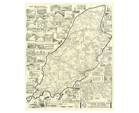 Original vintage motor racing poster H.G. Steward Large Scale Pictorial Map of the Isle of Man showing T.T. Course &amp; Vant