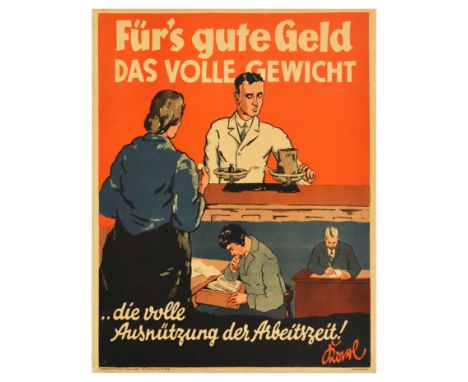 Original vintage German motivational workplace poster issued by Parker-Holladay company in Berlin. Doval was a German equival