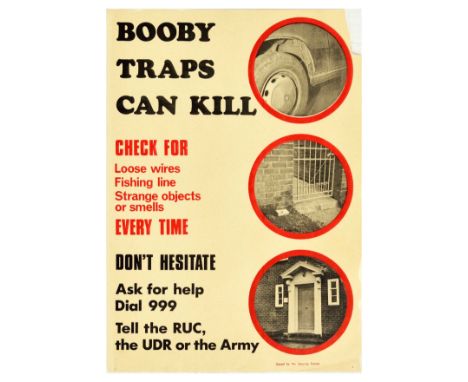 Original vintage public safety poster Booby Traps Can Kill - Check for loose wires, fishing lines, strange objects or smells 