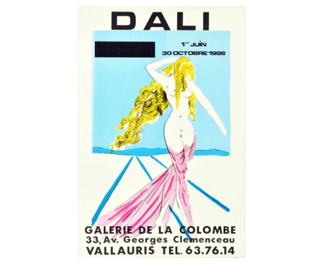 Original vintage advertising poster for Dali artwork exhibition at Galerie de la Colombe 1-30 October 1986, featuring an illu