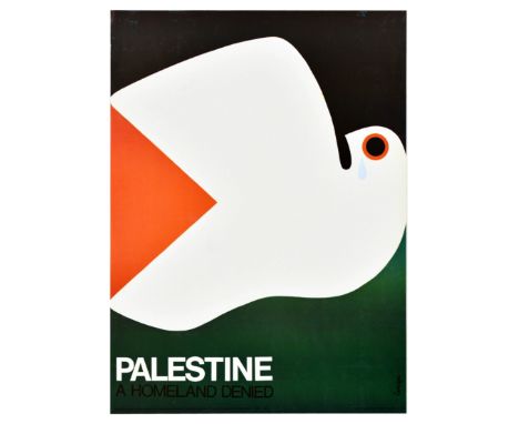 Original vintage propaganda poster Palestine A Homeland Denied, featuring a white dove with a tear drop stylised as the flag 