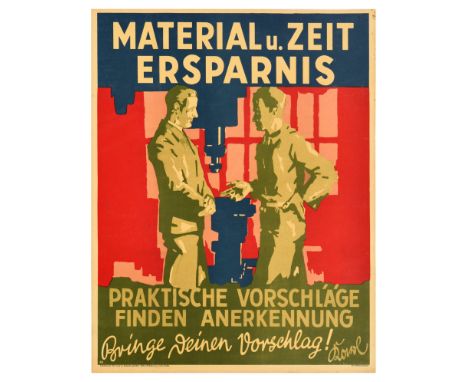 Original vintage German motivational workplace poster issued by Parker-Holladay company in Berlin. Doval was a German equival