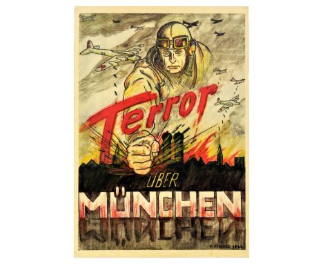 Original vintage World War Two air raid awareness poster Terror uber Munchen / Terror over Munich, featuring an image of a so