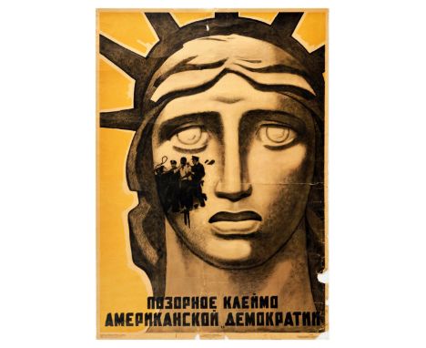 Original vintage Soviet anti-racism propaganda poster titled - The Shameful Stigma of American "Democracy" - featuring a frow