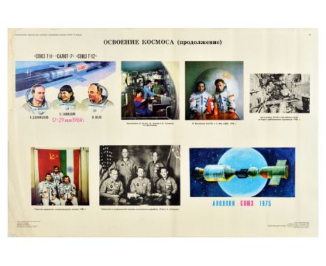 Original vintage Soviet propaganda poster Space Exploration featuring photographs depicting Cosmonauts from Soyuz T-11, Salyu