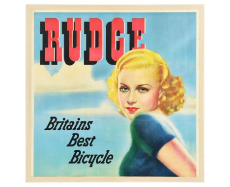 Original vintage advertising poster for Rudge Britains Best Bicycle, featuring an illustration of a blonde haired lady lookin