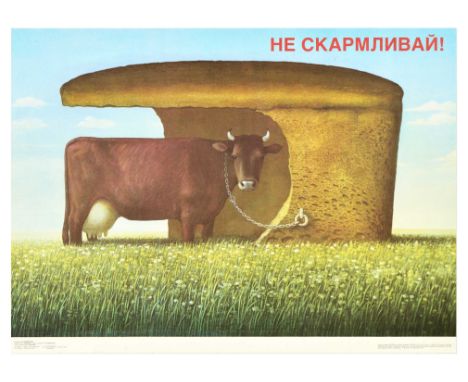 Original vintage Soviet propaganda poster - Don't feed! - featuring an illustration of a cow in a green field chained to an o