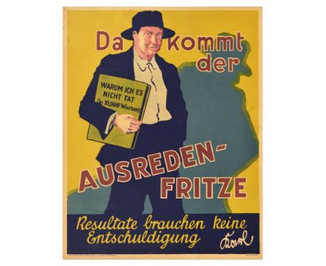 Original vintage German motivational workplace poster issued by Parker-Holladay company in Berlin. Doval was a German equival