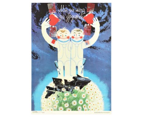 Original vintage Soviet propaganda poster - We are for peace, for friendship - featuring an illustration of two children with