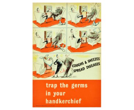 Original vintage poster World War Two propaganda poster - Trap the Germs in Your Handkerchief - Cartoon illustration by Allan