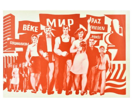 Original vintage Soviet propaganda poster featuring an illustration of men and women in an International March marching toget