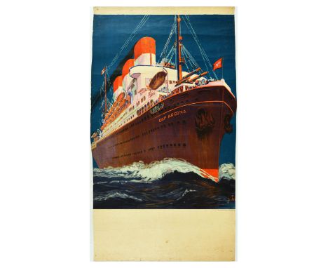 Original vintage travel poster featuring a stunning artwork depicting Cap Arcona ocean liner sailing on the water with people