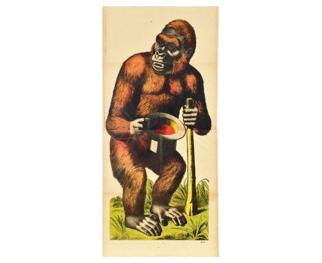 Original antique advertising poster featuring an illustration of a gorilla holding a top hat and a stick standing in grass. L