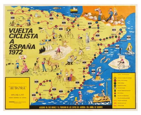 Original vintage sport poster Vuelta Cilista a Espana 1972 / Tour of Spain 1972 Official map presented courtesy of Aurora ano