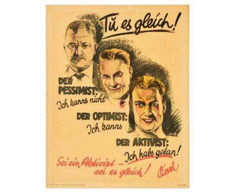 Original vintage German motivational workplace poster issued by Parker-Holladay company in Berlin. Doval was a German equival