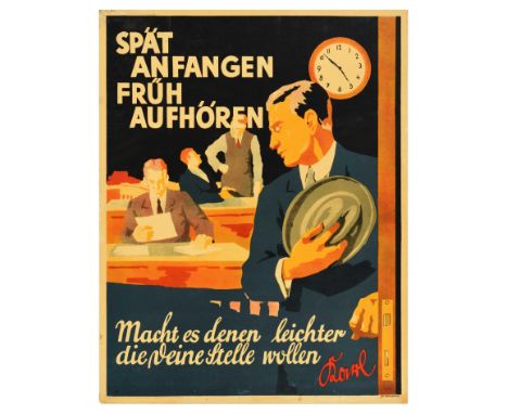 Original vintage German motivational workplace poster issued by Parker-Holladay company in Berlin. Doval was a German equival