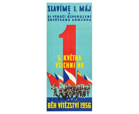 Original vintage propaganda poster issued in Czechoslovakia - We celebrate May 1, XI Anniversary liberated by the Soviet Army