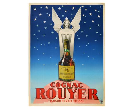 Original vintage advertising poster for Cognac Rouyer - Design features a bottle of the Cognac Fine Champagne sitting on top 