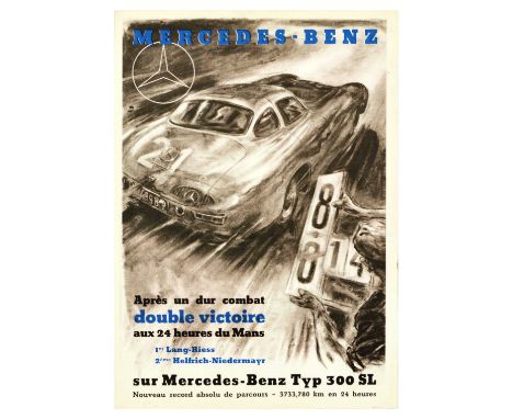 Original vintage motorsport poster celebrating the double victory of Mercedes-Benz 300SL in the 24 hour Le Mans car race feat