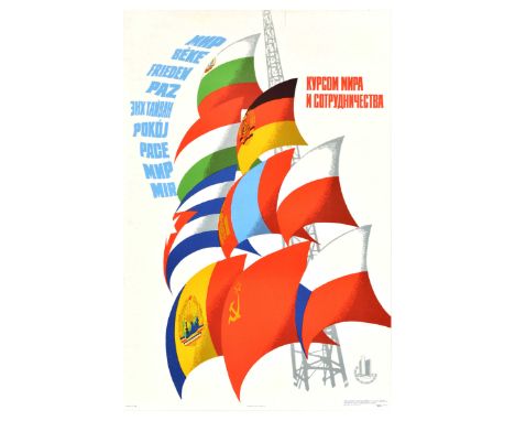 Original vintage Soviet propaganda poster - A course of peace and cooperation - featuring an illustration of the flying flags