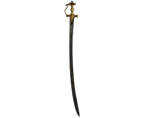 A LATE 18TH OR EARLY 19TH CENTURY INDIAN TULWAR, 78.75cm triple fullered blade partially incised ANDRIA, characteristic hilt 