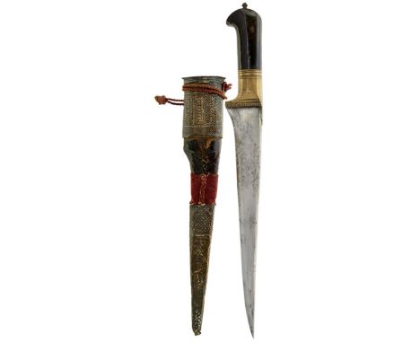 A 19TH CENTURY INDIAN PESH-KABZ, 27cm T-section blade, characteristic brass hilt with linear and circular decoration, two-pie